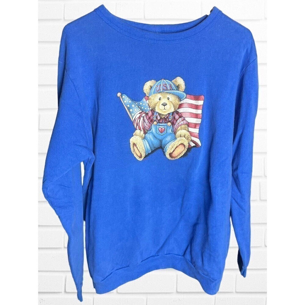 USA Teddy Bear Puff Print Blue Crewneck Hoodie Size X-Large